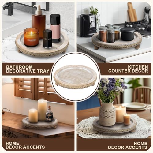 Larger Wood Round Tray for Wooden Coffee Table Decor, Wood Raise Candle Tray Holder Plate, Farmhouse Decorative Trays, Rustic Serving Tray for Kitchen Table, Home Decor, Living Room, Wash White, 13" - Image 6