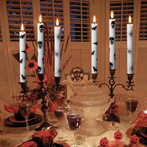 Wondise Halloween Flameless Taper Candles with Remote & Timer, Battery Operated with Spider Web, Bats, Skull, Real Wax 3D Wick LED Candles for Halloween Decorations - Image 4