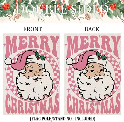 Merry Christmas Garden Flags 12x18 inch Double Sided, Seasonal Xmas Pink Santa Claus Decorations, Small Winter Decor for Yard Outside Outdoor - Image 7