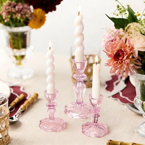 Glass Candlestick Holders Set of 3, Pink Stripe Taper Candle Holders for Table Centerpiece, Home Decorations, Wedding and Party - Image 4
