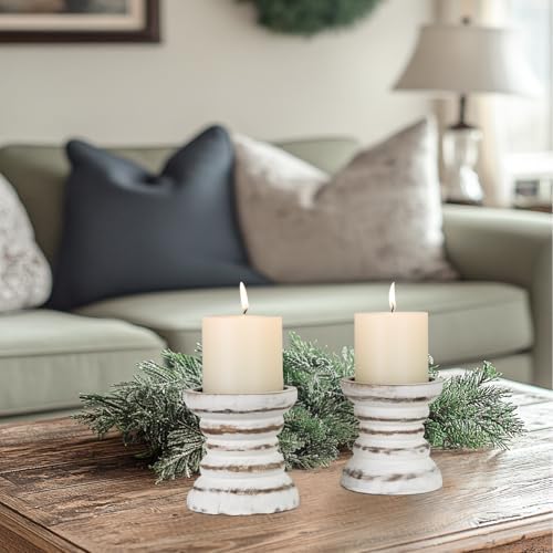 Candle Holder for Pillar Candle Set of 2, Farmhouse Wood Candle Holder, Rustic Wooden Candle Stand, Vintage Small Wooden Candlestick Holders for Living Room, Table Centerpiece, Rustic White - Image 7