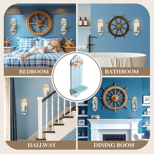 Wall Candle Sconces Set of Two,Beach Starfish Blue Wood Wall Candle Holder Decor, Farmhouse Wooden Candle Holder Wall Decorations for Fireplace, Hallway, Living Room, Bedroom - Image 6