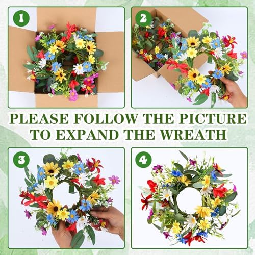 6 PCS Spring Summer Artificial Floral Candle Rings Wreath Sunflowers Daisy Forsythia Candle Rings Pillar Holder Wreath Mini Eucalyptus Candle Wreaths Kitchen Cabinet Swags for Home Tabletop Decor - Image 4