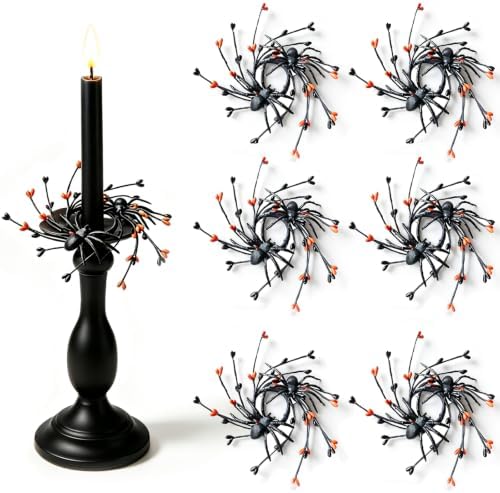 6 Pcs 1.38" Mini Halloween Taper Candle Rings Wreaths Small Artificial with Black Spiders Orange Berries Black Twigs Taper Candle Holder Wreath for Spooky Farmhouse Home Candlesticks Decor by Unknown