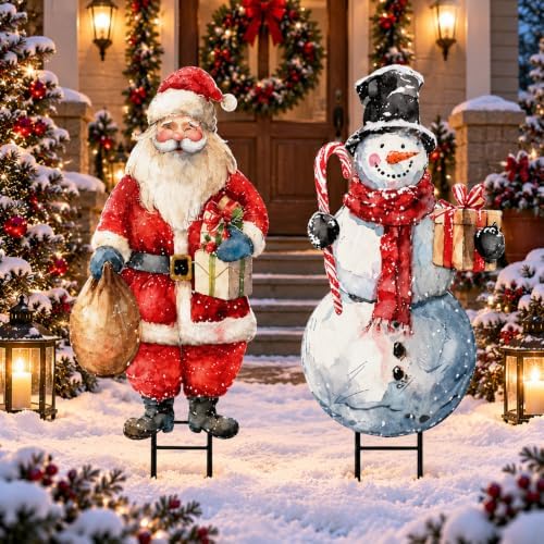 Christmas Decorations Outdoor, 2pcs Santa Claus Snowman Metal Yard Signs by Ivenf