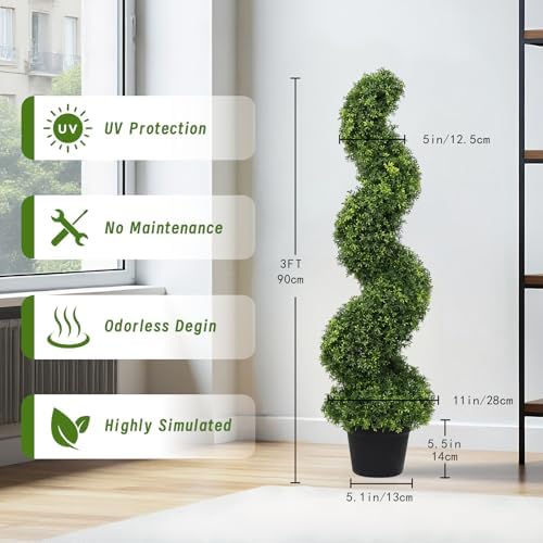 3ft Spiral Topiary Trees Artificial Outdoor Faux Boxwood Plants - Image 2