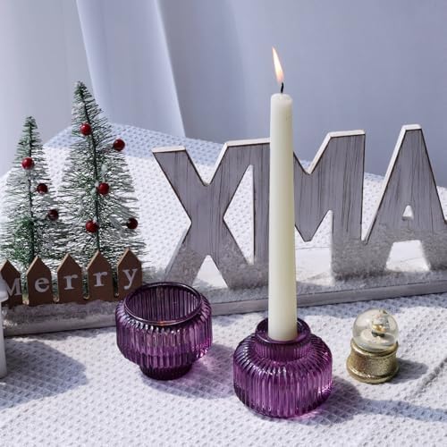 Woho Purple Candlestick Holders Set of 4 for Halloween Decorations, Ribbed Glass Taper Candle Holders for Thanksgiving/Christmas, Vintage Candle Sticks Holder Decor for Fall Wedding Table Centerpiece - Image 7