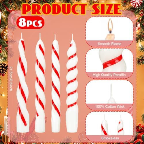 Conelist 8 Pcs Christmas Twist Taper Candles Red White Striped Wax - Image 2