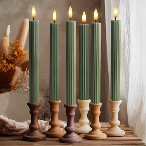 12 Pack, 10" LED Flameless Real Wax Sage Olive Loden Green Fluted Ribbed Grooved Taper Candles, Remote & 24h Timer Memory, On/Off Button, Dimmable, Flicker Mode, Battery Operated, Wedding by WestIvory