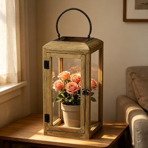16" High Wooden Lantern Made of Solid Firwood in Distressed Natural with Metal Handle,Hurricane Lantern, Farmhouse Lantern for Party, Deck, Front Porch - Image 5