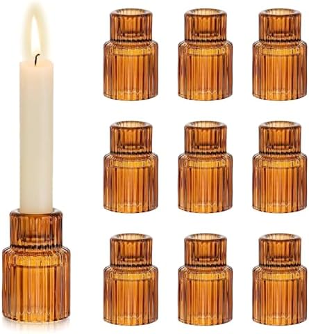 Hewory Glass Candlestick Holders Bulk, 10PCS Amber Taper Candle Holders by Hewory