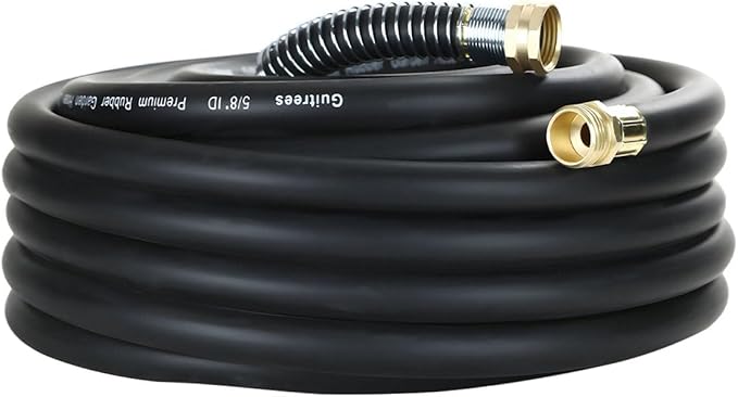 Guitrees 25FT 5/8 Heavy Duty Rubber Garden Hose - 300psi Working, 1000psi Burst - Hot/Cold Water - Five-Layered Braiding for Durability - Versatile for Gardening, Agriculture, Construction(Black)