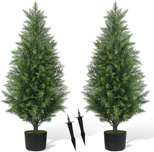 (2-in-1) 2 Pack 3FT Artificial Cedar Christmas Trees with Pots & Spikes by Chillchard