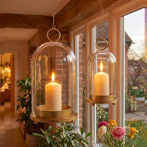 Hurricane Glass Candle Holders Set of 2 with Brass Base (9.8" & 8.1") by CONFUTURY