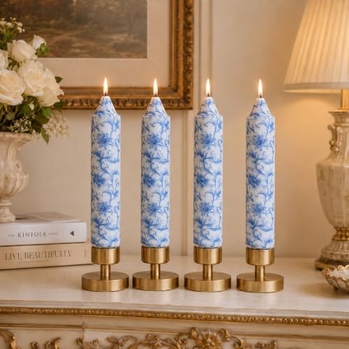 NJAO HOO Floral Taper Candles 7 Inch Short Candlesticks Hand Printed Blue and White Floral Candlesticks Unscented Tapered Candle Set for Spring Home Garden Decor, 4Pcs - Image 3