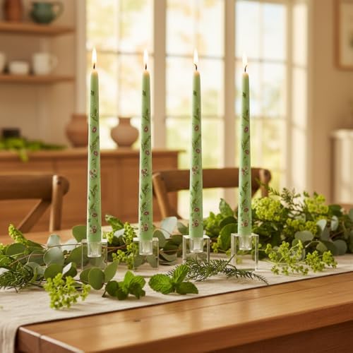 Scandinavian Tall Candle 10 in Green Printed Taper Candles Hand Printing Candlesticks Unscented Smokeless Tapered Candle Sticks for Home Decor Rustic Wedding Simple Modern, 4 Pack - Image 5