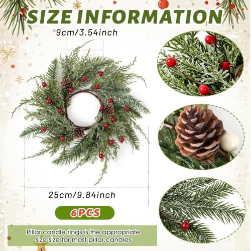 6 PCS Christmas Wreath Candle Rings Wreaths Mini Cedar Candle Holder Rings Artificial Frosted Greenery Cabinet Wreath for Pillar Candles Xmas Farmhouse Home Table Centerpiece Door Mantel Wall Decor - Image 3