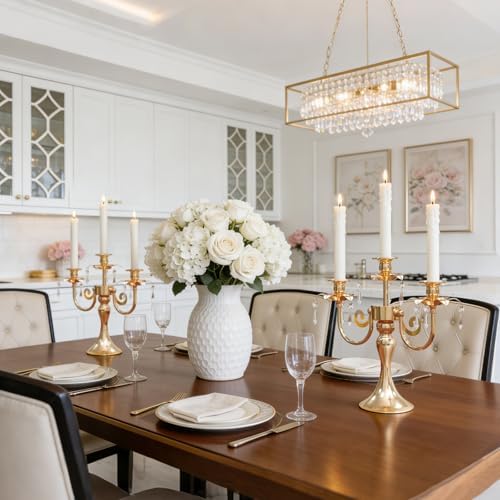 Metal 3 Arm Candelabra with Crystal Pendants - 11.8 Inch Tall Candle Holders, Set of 2 - Elegant Taper Candlestick Stand for Wedding, Dining Table, Christmas Party Home Decoration (2, Gold) - Image 5