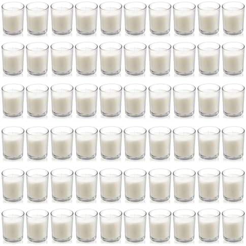 Housecret 60 Pack Warm White Unscented Clear Glass Filled Votive Candles. Hand Poured Wax Candle Ideal Gifts for Aromatherapy Spa Weddings Birthdays Holidays Party by Housecret