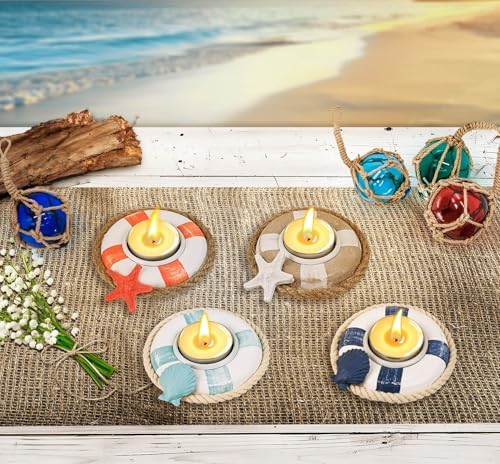 SAILINGSTORY Wooden Life Ring Tealight Candle Holder Nautical Coastal Beach Decor Votive Candle Holder Set of 4 Pack - Image 4