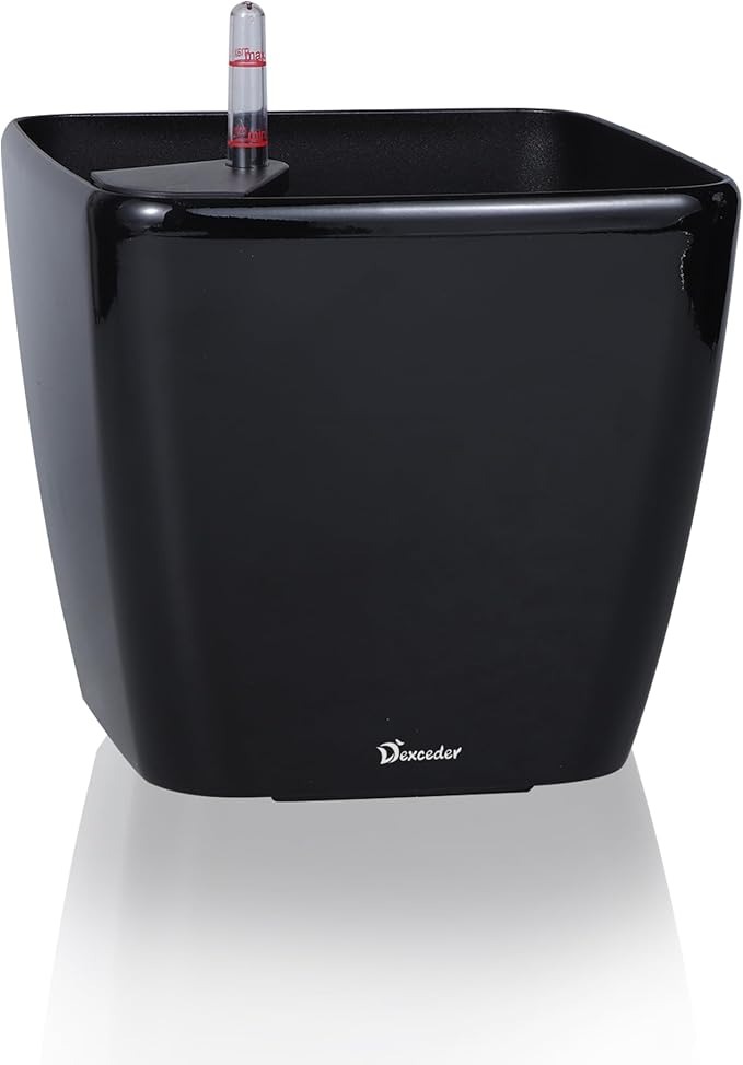 Dexceder 11x10 Self Watering Planter (Black High Gloss) | Inner Mat Design, Thickened Table Flower Plant Pot with Water Level Indicator Indoor Outdoor