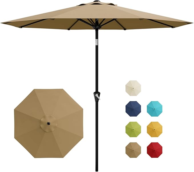GarveeLife 9FT Umbrella Outdoor Patio, Table Umbrella with Push Button Tilt and Crank, 8 Sturdy Ribs Waterproof UV Protection for Garden, Pool, Deck, Backyard, Market (Khaki)