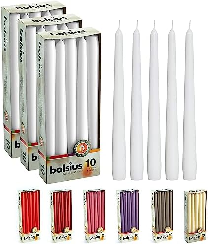 BOLSIUS Long Household White Taper Candles - 10-inch Unscented Premium Quality Wax - 8 Hours Long Burning Dripless Candles Bulk Pack of 30 for Home Decor, Wedding, Parties and Special Occasions by BOLSIUS