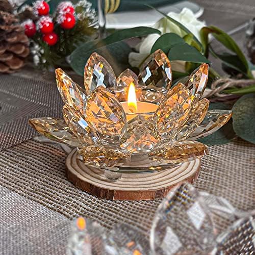 Crystal Lotus Flower Tealight Candle Holders/Glass Tea Light Candlestick Decor Decoration for Christmas Home Wedding Party(1, Gold 2pcs) - Image 3