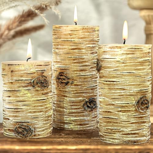 Birch Bark Pillar Candle Set of 3, Real Wax Fireplace Decor Candles by MOSROAD