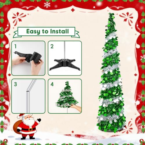 5FT Pop Up Christmas Tree with 90 LED Lights, Collapsible Artificial Pencil Christmas Tree, Tinsel Skinny Christmas Trees for Home Apartment Porch Indoor Outdoor Holiday Decorations - Image 4