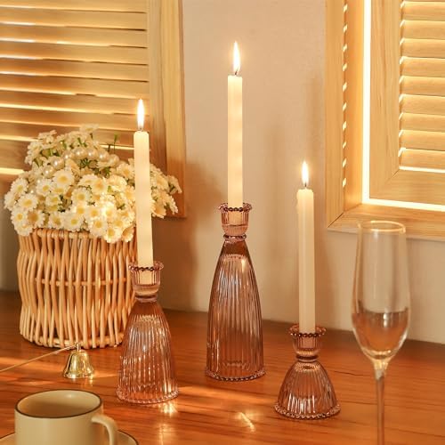 Vertical Stripe Candlestick Holders Set of 3, Premium Glass Candle Holders for Candlesticks and Taper Candles, Vintage Candle Holder Decor for Table Centerpiece, Pink - Image 6