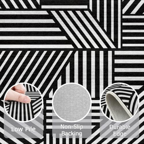 9x12 Black and White Geometric Stripe Area Rug for Living Room Bedroom Abstract Modern Large Rug Machine Washable Non-Slip Carpet for Dining Room Office
