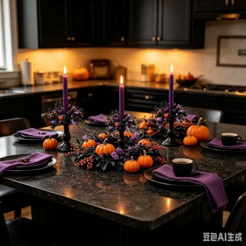 6 Pcs 1.38" Mini Halloween Taper Candle Rings Wreaths Small Artificial with Black Foliage Purple Blooms Orange Berries Pom Flowers Taper Candle Holder Wreath for Spooky Farmhouse Home Candlesticks - Image 3
