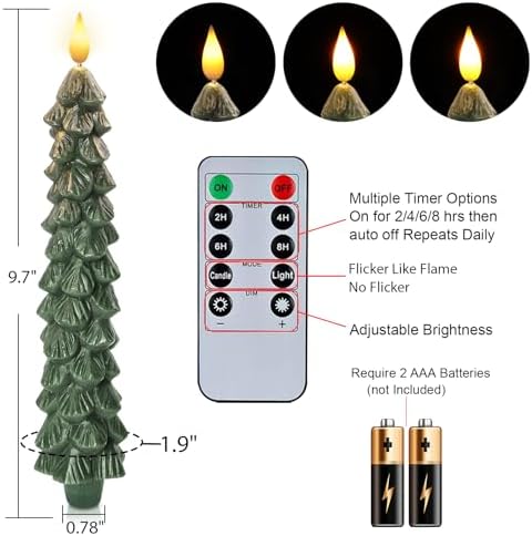 Homemory 3 Pcs Christmas Tree Candles with Remote, Waxy Flameless Taper Candles Flickering, Green LED Candlesticks Battery Operated for New Year Celebration Holiday Decorations 9.7 Inches - Image 5