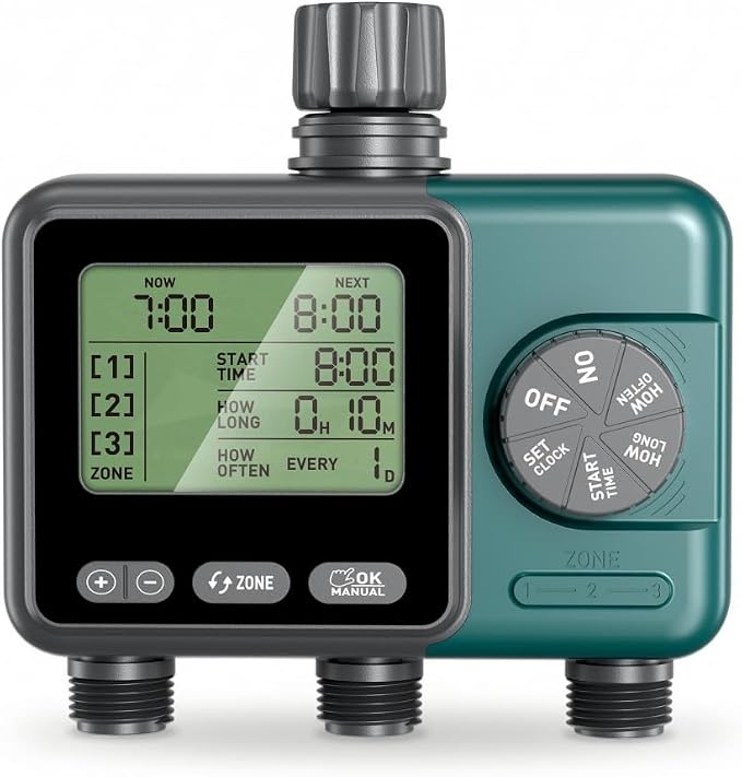 3 Zone Sprinkler Timer,3 Custom Watering Plans Hose Time, IP65 Waterproof, Rain Delay Manual & Automatic Watering with Large LCD for Yard Lawn Outdoor