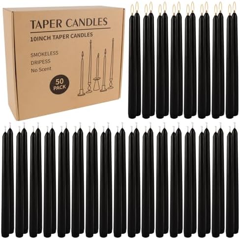 50 Pack Black Taper Candles - 10 Inch Classic Unscented Dinner Candles, Dripless Pure Paraffin Wax with Cotton Wicks, 8-Hour Burn Time for Wedding, Christmas & Formal Dining Decor by HELLY
