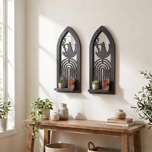 ZEXUIRU 2 Set Rustic Candle Sconces Living Room Bedroom Entryway Wood Mirrored, Farmhouse, Carved Frame Wall-Mount Wooden Candle Holders Wall Decor Hanging Handmade Holder - Black by ZEXUIRU