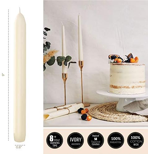 Tribello Ivory Candlesticks, Pack of 14, 9" Tall Cream Taper Candles - Image 3