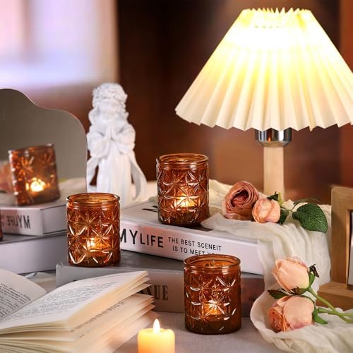24Pcs Vintage Amber Votive Candle Holders, Amber Glass Tea Lights Candle Holder for Wedding Table Centerpiece,Vintage Boho Party Home Fall Decor,Thanksgiving and Christmas - Image 3