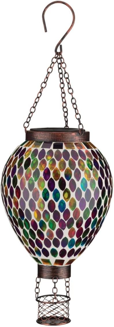 Regal Art & Gift Hot Air Balloon Solar Lantern – Hanging Solar-Powered LED Lights, Waterproof Portable Decorative Outdoor Lamp Made of Metal & Glass for Garden, Patios & Pathway - Mosaic Multi