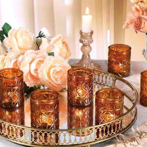12 Pack Vintage Amber Votive Candle Holders, Glass Candle Holders for Wedding Table Centerpiece, Small Tealight Candle Holder for Home Decor, Tea Lights Candle Holder for Party, Boho Fall Decor - Image 6