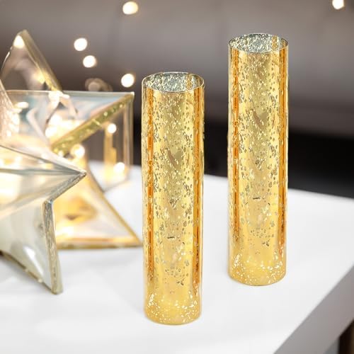 WGVI Hurricane Candle Holder Sleeve, W: 2.5", Ht: 10", Gold Speckled Glass Cylinder Open Both Ends, Chimney Tube Shade, 12 Piece by WGVInternational-OpusGlassware