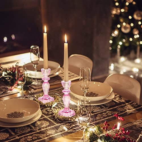 Glass Candle Holders, 2PCS Decorative Candle Stand Wide Base Candlestick Holder Table Centerpiece Decor for Wedding Festival Party Windowsill, Pink - Image 5