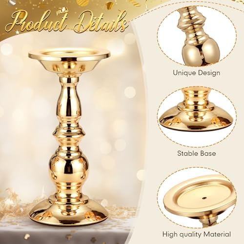 3 Pcs Gold Metal Pillar Candle Holder, 5.31, 6.50, 8.46 Inch Tall - Image 3