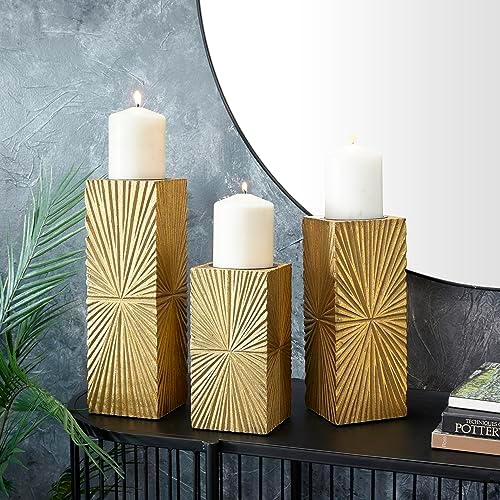 CosmoLiving by Cosmopolitan Wood Geometric Carved Pillar Candle Holder, Set of 3 12", 10", 8"H, Gold - Image 5