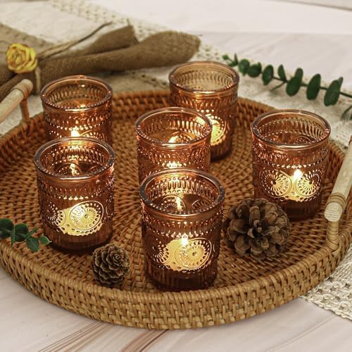 24 Pcs Amber Glass Votive Candle Holders, Tealight Candle Holders for Table Centerpieces, Vintage Candle Holder Bulk, Boho Wedding, Home, Bridal Shower, Birthday Party Table Decor (Amber) by JALANCY