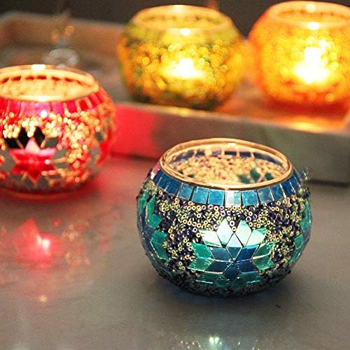 SHMILMH Votive Candle Holder Set of 4, Diwali Decoration for Home, Handmade Mosaic Glass Tealight Candle Holders for Table Centerpiece Decor,Diwali Thanksgiving - Image 5