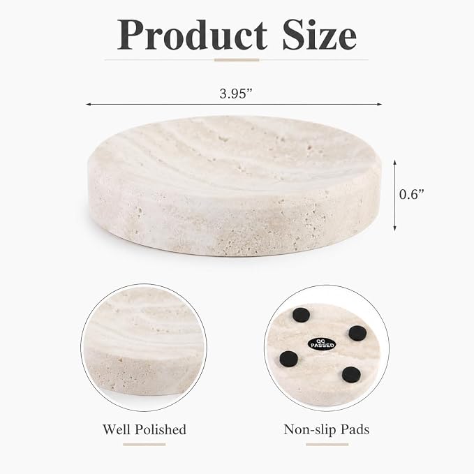 Koville Marble Jewelry Dish, Small Round Trinket Dish for Ring Necklace Earring, 4" Decorative Dish, Natural Stone Soap Dish for Bathroom Kitchen