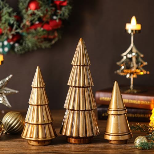 3 Pcs Neutral Christmas Tree Figurines,Gold - Image 2