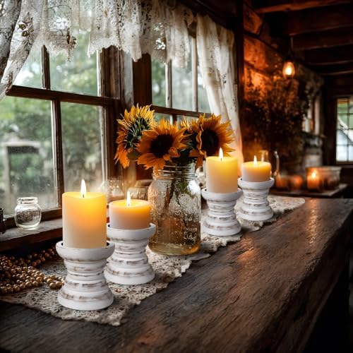 Pillar Candle Holder, 8 Inch Farmhouse Wood Candle Holder, Rustic Wooden Candle Stand, Vintage Small Wooden Candlestick Holders for Living Room, Table Centerpiece, Vintage White(4PCS) - Image 4